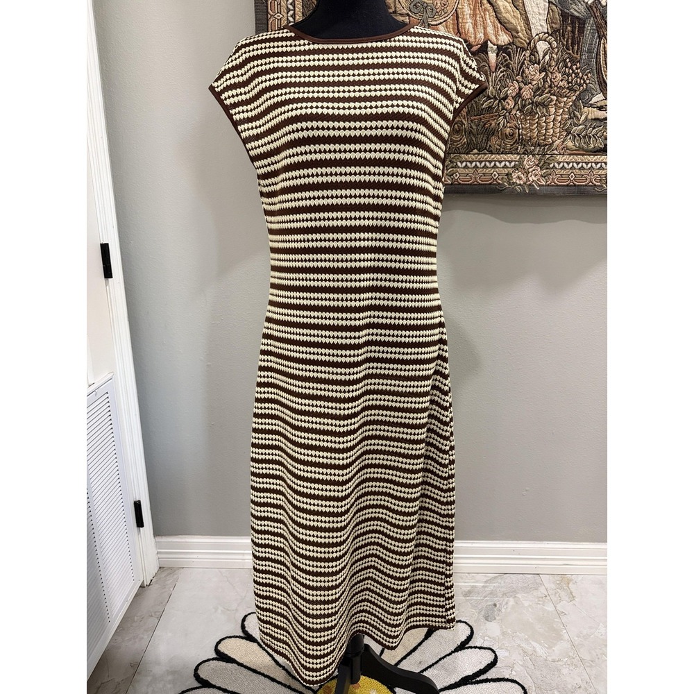 Sweater Dress Womens XL Brown Striped Knit Cap Sleeve Crew Neck Long Casual